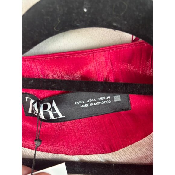 ZARA Womens Blazer Hot Pink Fuchsia Satin Belted Tie Double Breasted Size L - Picture 10 of 11